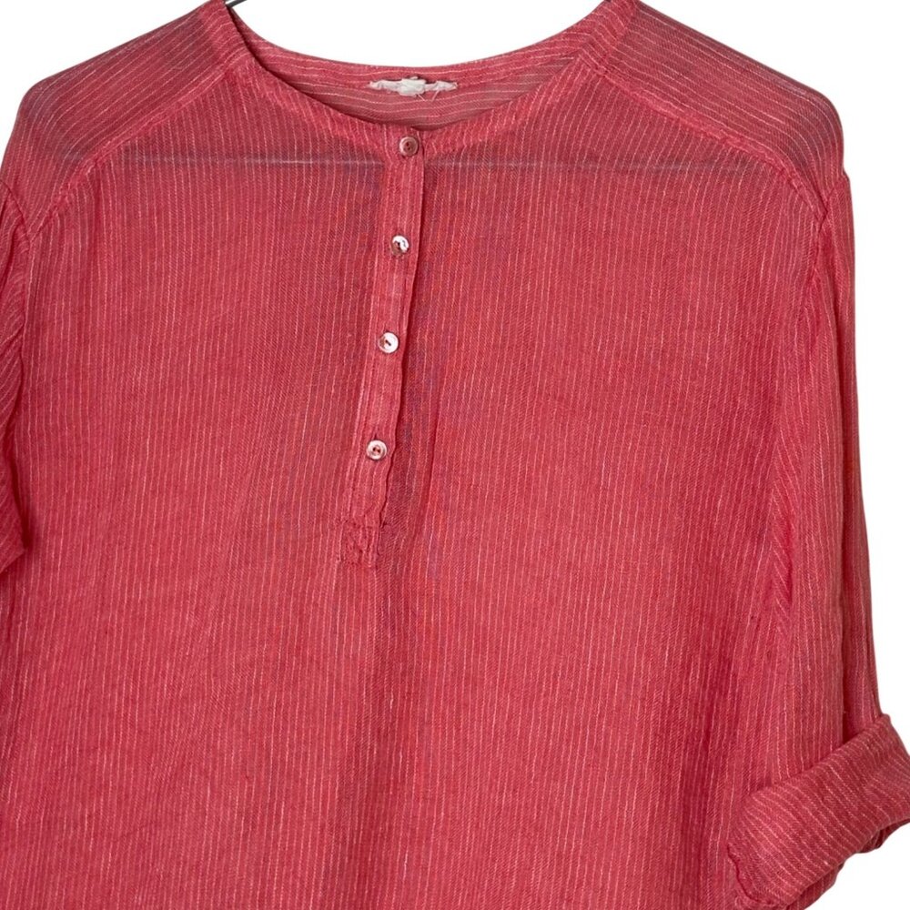 Eileen Fisher Women’s XS Coral 100% Linen Gauze Striped Henley Top Coastal - Picture 5 of 11